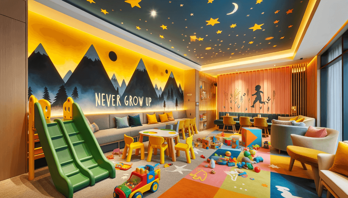 Here's a generated image of a children's play area that's similar to the one you provided. It features colorful elements and a playful theme suitable for a family-friendly hotel environment.