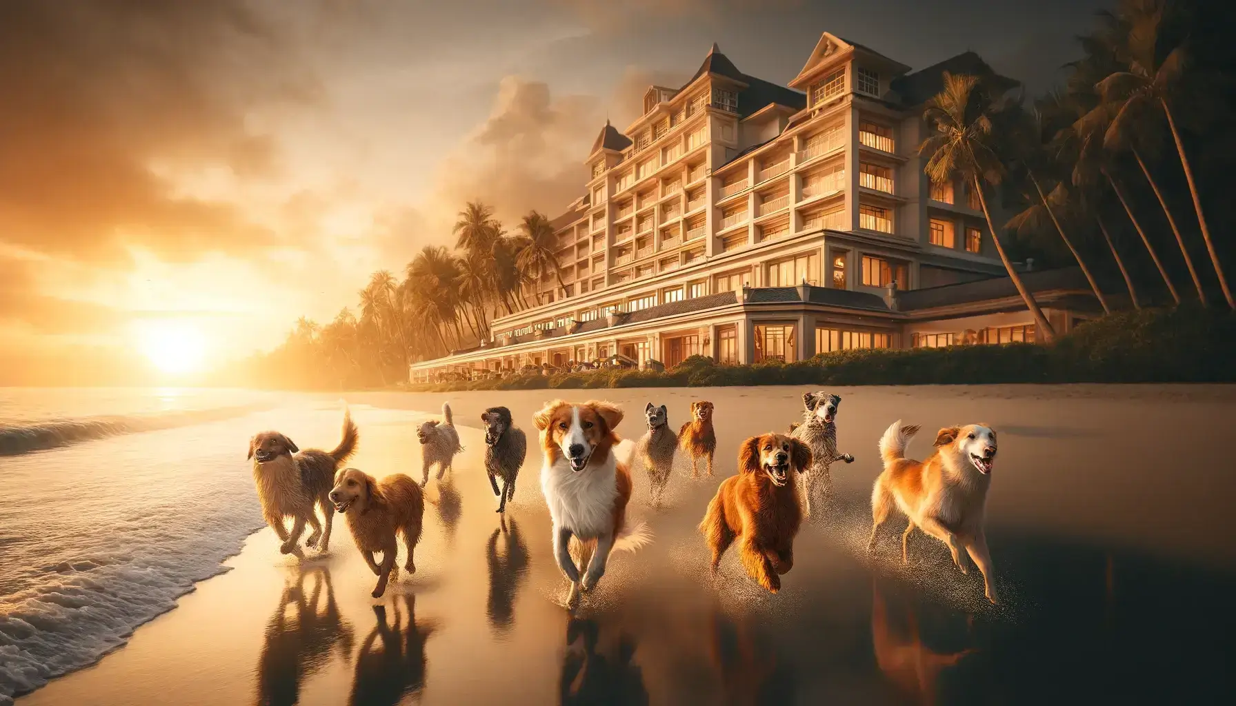 dogs running on the beach with a beautiful hotel in the background, capturing the joy and elegance of the scene.