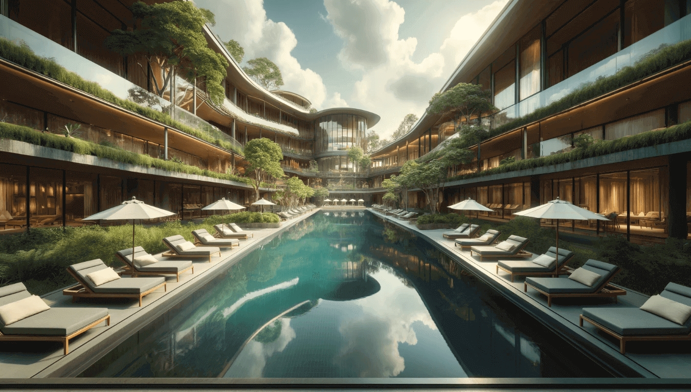 Luxurious eco-friendly resort with infinity pool and sun loungers in Yilan, surrounded by lush greenery and serene hills, perfect for a tranquil getaway in Taiwan