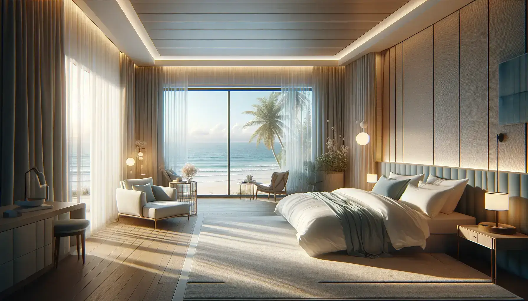 The image shows a spacious and luxurious hotel room with a modern, minimalist aesthetic. It features a large, comfortable bed with white linen in the center. The room is bathed in natural light coming from a large glass window draped with light curtains, framing a picturesque view of the ocean and a palm tree. The room’s color palette is soft and neutral, with hints of blue reflecting the seascape. A plush armchair sits facing the window, providing an inviting spot for relaxation. The ambient lighting is soft and warm, contributing to the room’s tranquil and welcoming vibe.