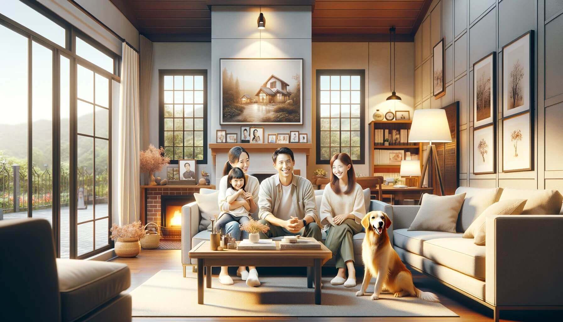 whole family enjoying their stay in a cozy, family-friendly guesthouse. The scene captures the warmth and comfort of the living room setting with a family and their pet dog.