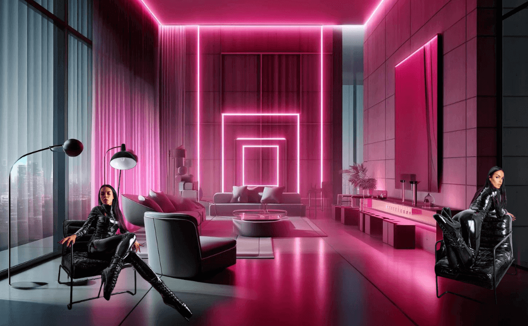 A panoramic view of a modern room illuminated by bright pink neon lights, featuring two stylish women in sophisticated outfits. The left side shows a woman seated in a sleek black chair under a floor lamp, while the right side features another woman in a designer leather chair, each enhancing the futuristic and luxurious feel of the space