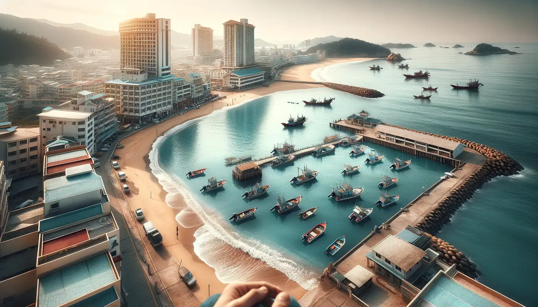這是從站在海灘上的人的角度描繪風景的圖像，其中包括一個有小船的漁港和沿著海濱的附近酒店。 該場景捕捉到了寧靜而誘人的沿海氛圍。