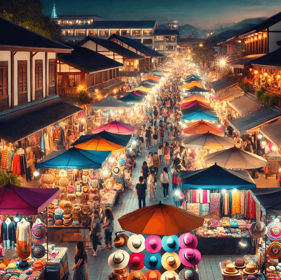 士林夜市飯店的精選圖片，展示了一個繁華的夜市場景，擠滿了遊客和攤販。夜市兩側是傳統風格的建築，並且街道上排列著色彩繽紛的遮陽傘，底下擺滿了各式各樣的商品。各種商品包括服裝、帽子、手工藝品等，燈光照亮了整條街道，使夜市看起來充滿活力和熱鬧氛圍。背景中可以看到遠處的建築物，增添了城市的繁華感。這張圖片生動地捕捉了夜市的繁忙景象和多樣的商品展示。