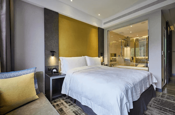 天閣酒店-台北劍潭館展示了一間設計現代且舒適的雙人房。房間內有一張大床，床頭牆是暖黃色調，提供了溫馨的氛圍。床旁有一張小沙發和靠墊，旁邊是帶透明玻璃隔間的浴室。