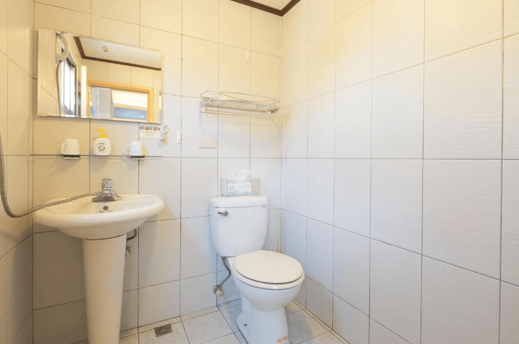 這是一間簡約的浴室，設有馬桶和洗手台，牆壁以白色瓷磚為主，整體明亮乾淨，空間雖小但配置齊全。