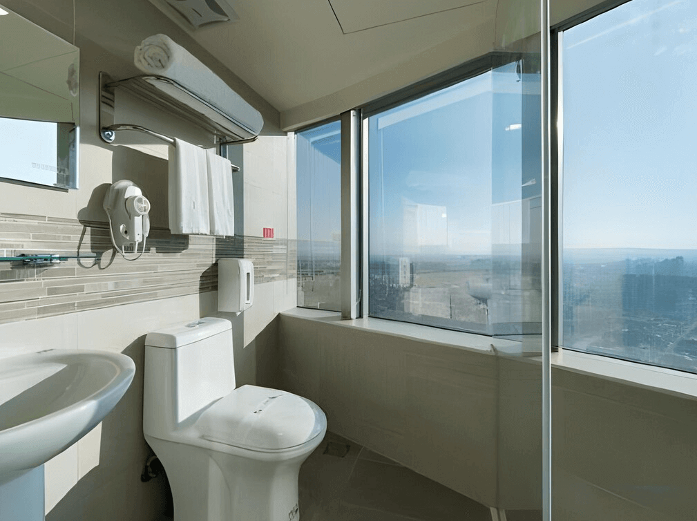 新舍商旅中壢館的浴室，擁有大面積落地窗，窗外景色開闊，設施包括馬桶、洗手台和吹風機，採用高質感瓷磚裝潢，光線充足且明亮。