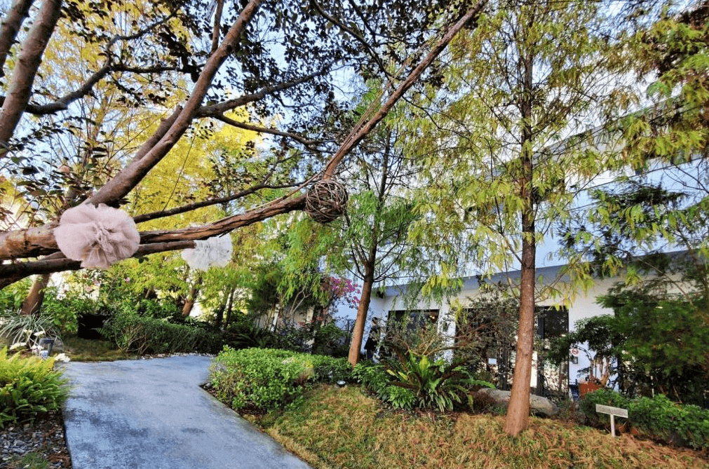 【水里住宿】恩典花園咖啡民宿民宿外的庭院景色，步道兩側植滿花草樹木，枝頭掛著精緻的裝飾，營造自然與人文融合的氛圍，非常適合散步與放鬆心情。