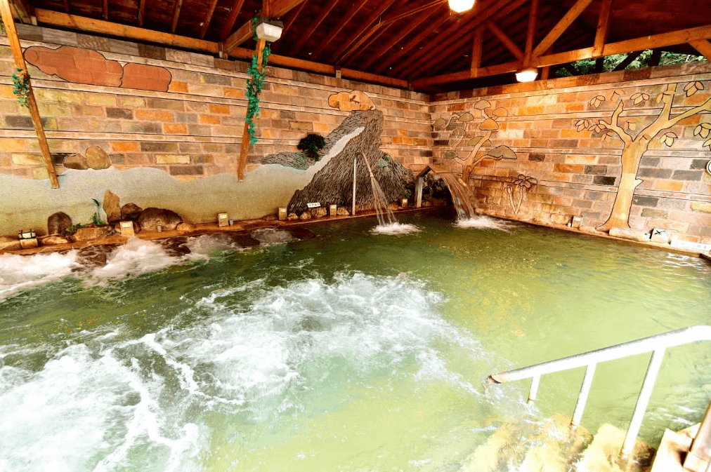 【廬山溫泉】正揚大飯店的戶外溫泉大眾池，水質清澈且帶有熱泉泡泡，牆面採用石磚拼貼，搭配手繪山林壁畫，營造出自然悠閒的泡湯氛圍。溫泉區內部設有流水造景，增添療癒感，適合享受放鬆的溫泉體驗。