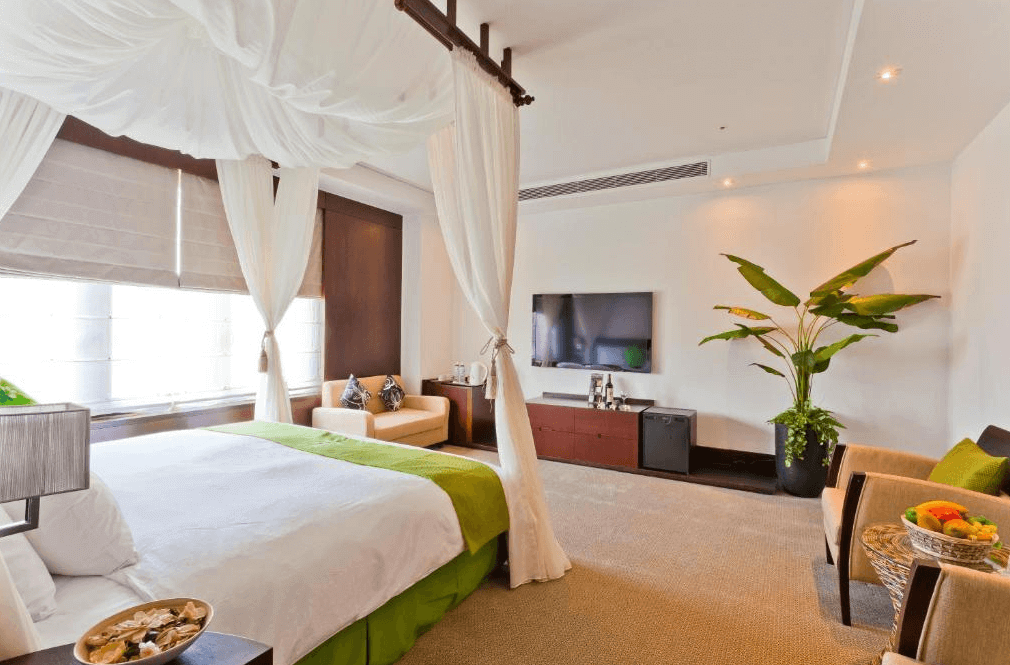 【金山溫泉】沐舍溫泉渡假酒店的套房設計，床上搭配白色紗帳，增添浪漫氣息。房內擺放大型綠色植栽，整體裝潢以自然元素與木質家具為主，搭配牆上的平面電視與簡約的茶水區，提供舒適的休憩空間。