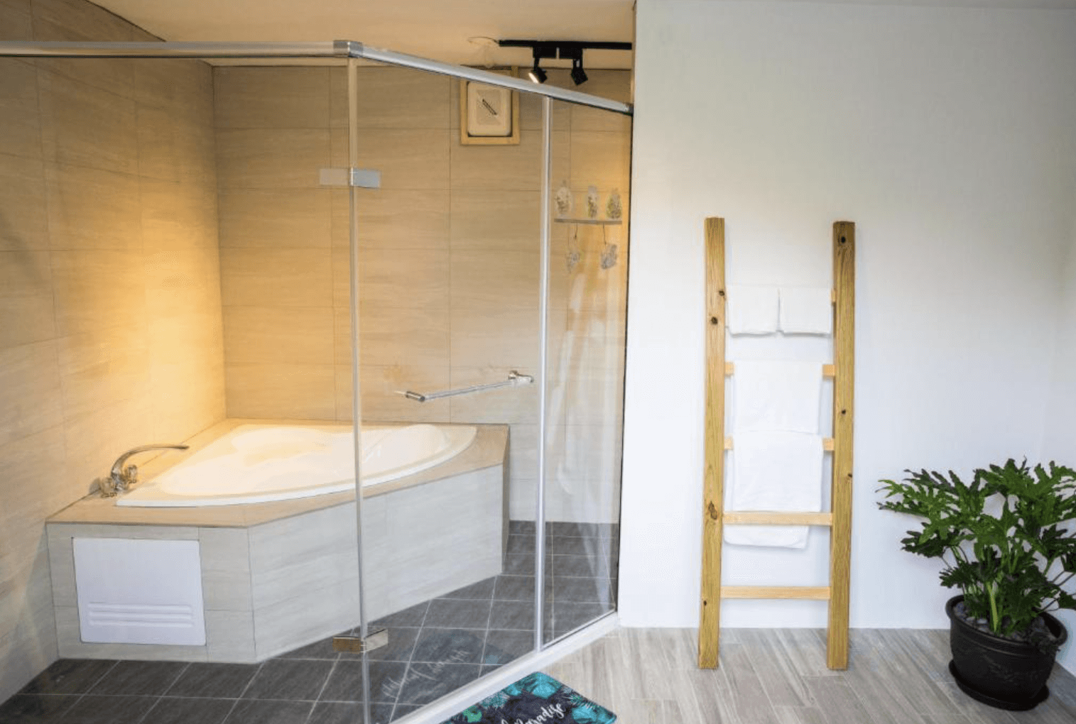 【三義住宿】向陽田園的現代感浴室設有三角形浴缸與獨立淋浴間，透明玻璃隔間設計簡潔，搭配木質毛巾架與綠色植栽，營造自然清新的氛圍。