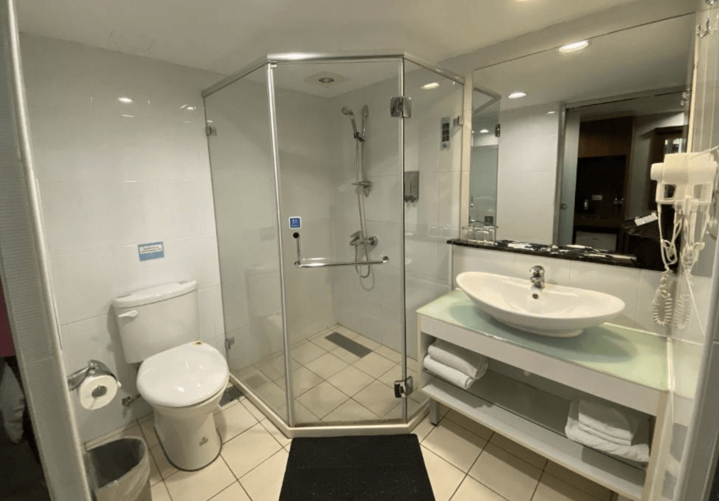 【東港住宿】大鵬灣大飯店的浴室配有玻璃淋浴間、現代馬桶與檯面洗手台，鏡面大、光線明亮，整體乾淨衛生並備有毛巾與吹風機，功能齊全。