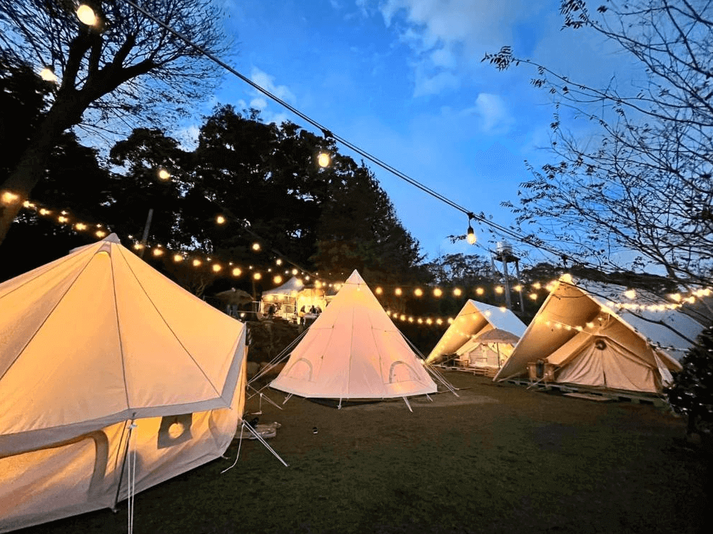 【龍潭住宿】晃晃印地安帳篷露營區，多頂帳篷分布於草地上，在傍晚微光與串燈照耀下顯得溫暖寧靜。帳篷間保有適當間距，整體佈置整潔有序，周圍被樹林圍繞，自然氛圍濃厚，是享受戶外生活的理想場地。