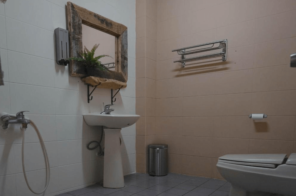 【東河住宿】旅行蟲背包客棧共用衛浴空間，設有洗手台、馬桶與蓮蓬頭，牆面採用暖色系磁磚，搭配木框鏡與小盆栽，展現自然與樸實風格。