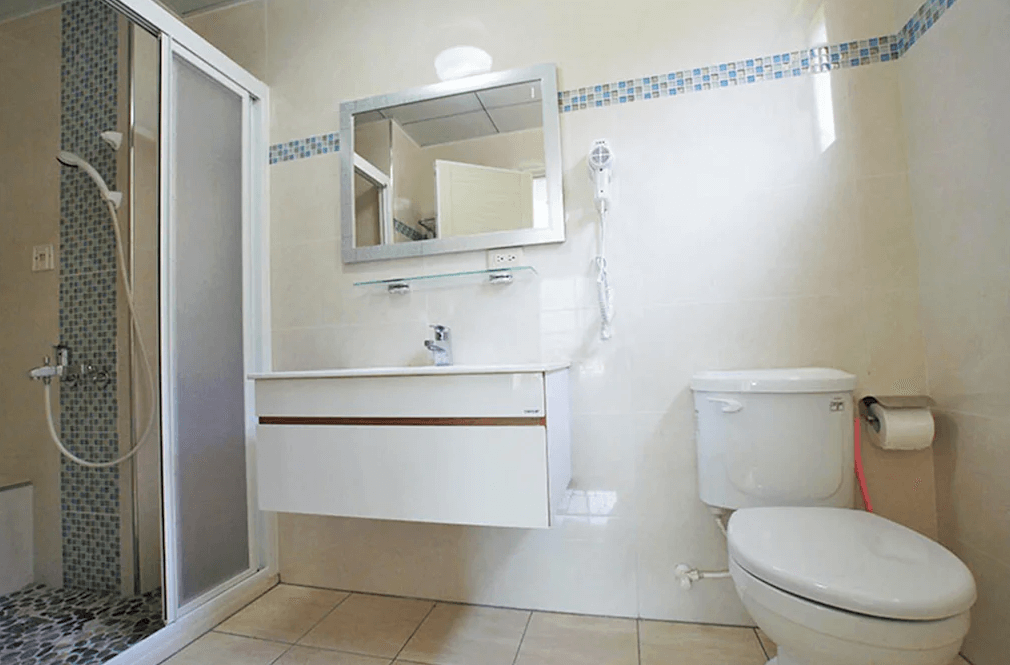 【苗栗包棟民宿】麥克尼景觀莊園的浴室設計，備有乾濕分離淋浴間、洗手台與馬桶，空間明亮整潔，提供舒適便利的使用體驗。