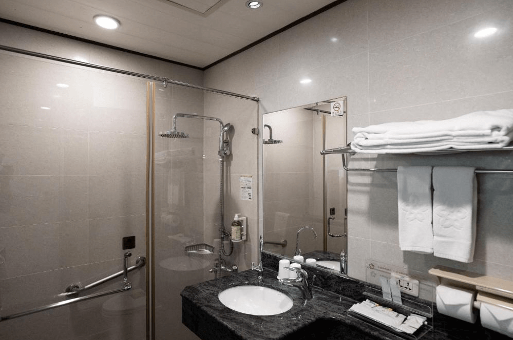 【花蓮寵物友善飯店】花蓮海悅酒店浴室空間，採乾濕分離設計，配有花灑淋浴、洗手台與齊備盥洗備品，整體以明亮淺色系磁磚營造乾淨整潔的使用感。