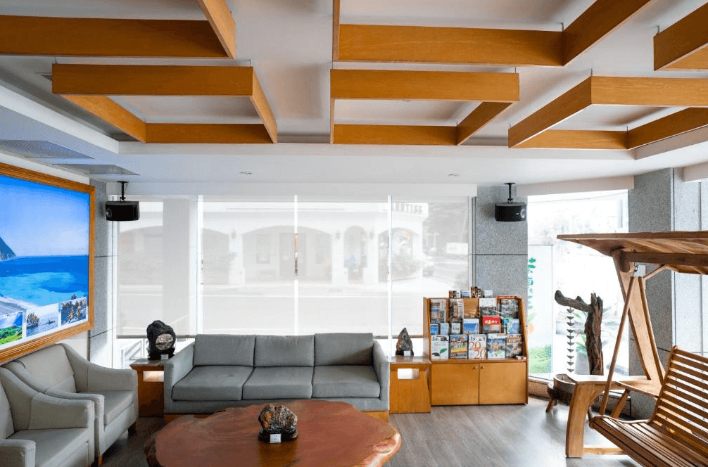 【花蓮寵物友善飯店】花蓮海悅酒店大廳交誼區，設有沙發、木質吊椅與原木茶几，搭配挑高天花設計與自然採光，營造溫暖舒適的迎賓氛圍。