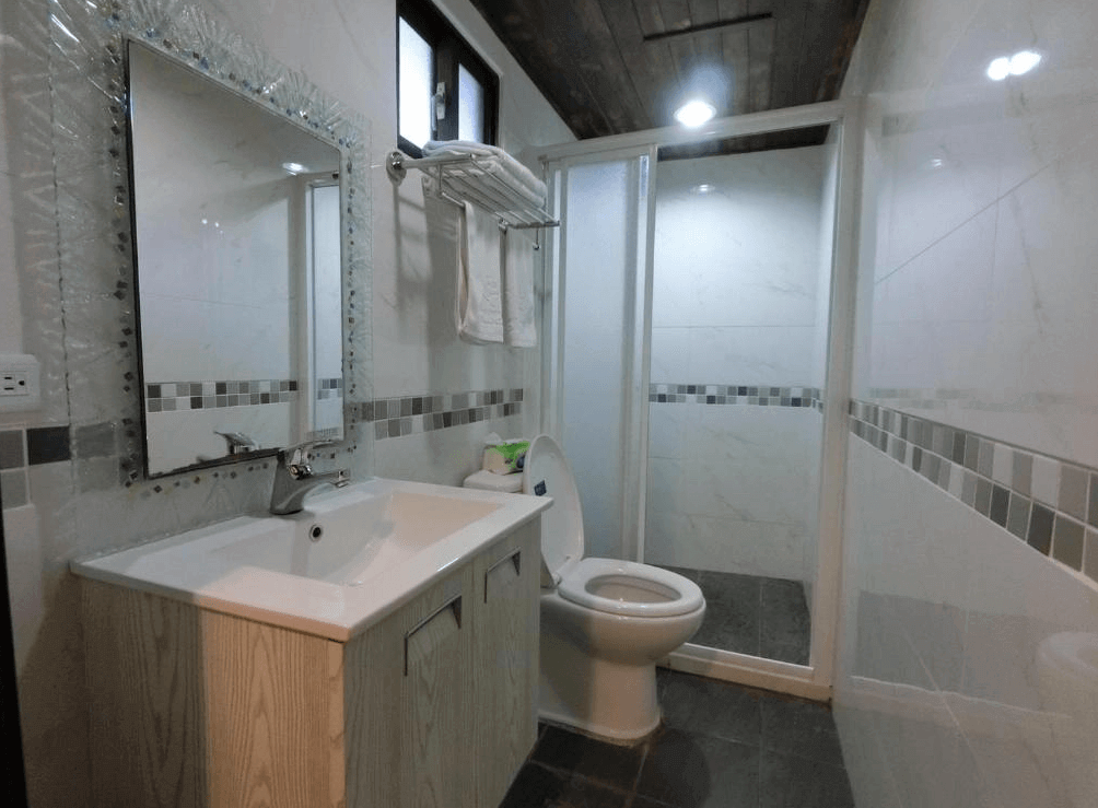 【蘭嶼住宿】兩隻魚民宿浴室：乾濕分離設計，白色磁磚搭配灰色條紋，配備洗手台、大鏡子、馬桶與淋浴間，環境整潔明亮。