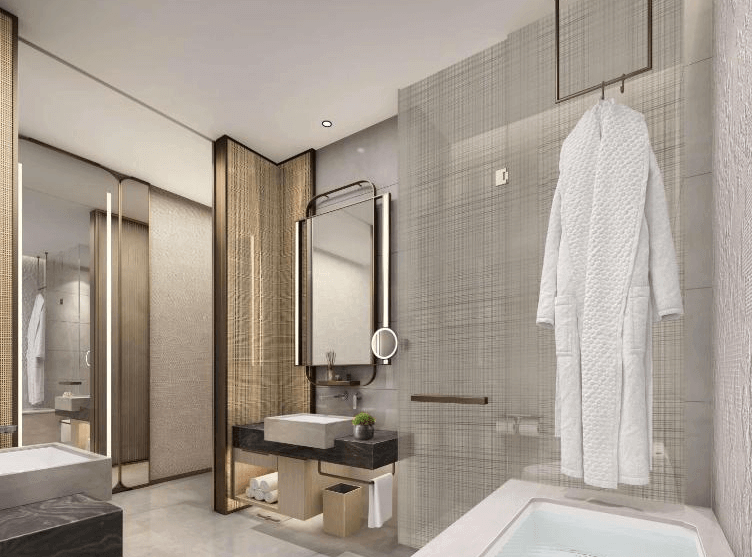 【板橋住宿】台北新板希爾頓酒店 豪華浴室，採用大理石設計，配置雙洗手台、浴缸與浴袍，空間明亮且高雅。