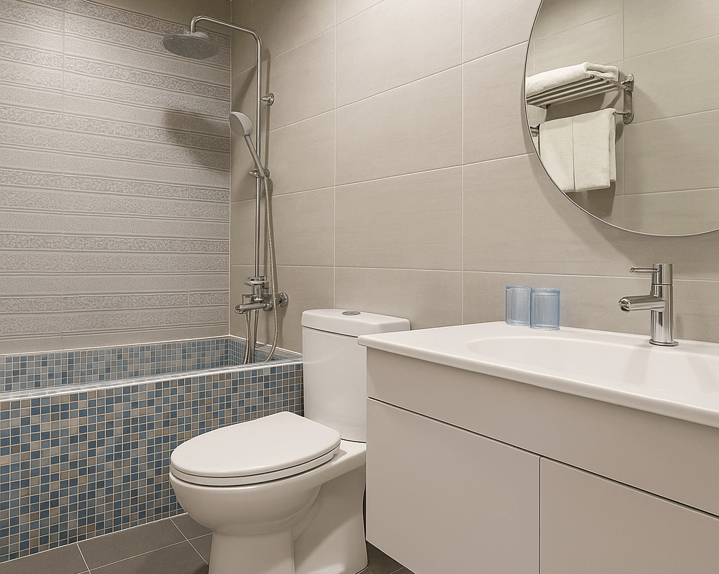 【墾丁寵物友善住宿】墾丁巴里巴里浴室 — 現代化浴室以灰白色調為主，設有藍色馬賽克浴缸、雨淋式蓮蓬頭、馬桶與白色洗手台，整體簡潔明亮。