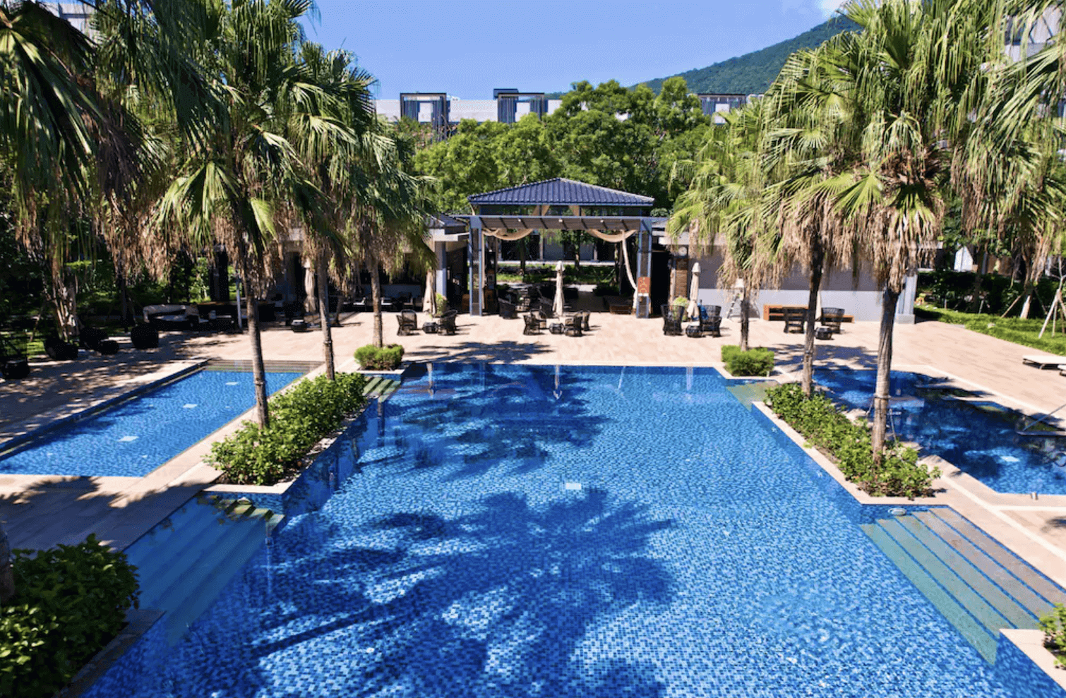 【吉安住宿】秧悦美地度假酒店 戶外泳池 — 棕櫚樹環繞的湛藍泳池，配有遮陽休憩區與躺椅，陽光下呈現濃厚南洋渡假氛圍。