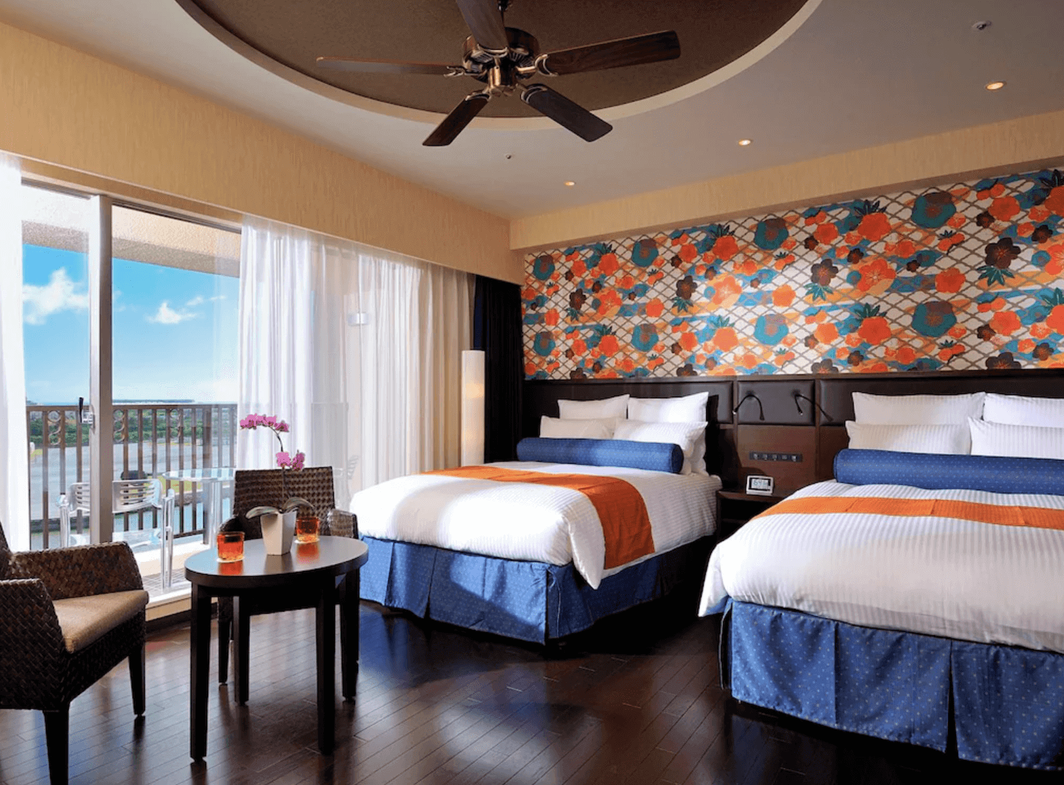 【那霸住宿】那霸遙索爾Spa中心酒店客房 — 兩張雙人床搭配藍色床裙與橘色床旗，牆面為彩色幾何花卉壁紙，房內設有吊扇與落地窗，可通往觀景陽台。