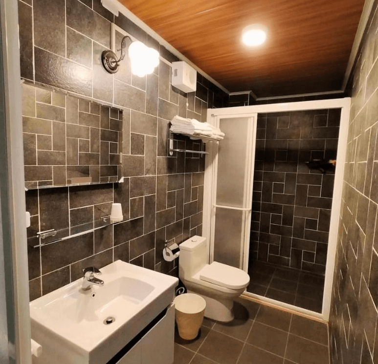 【金崙住宿】金崙雜貨店兒子民宿浴室，深色磁磚搭配木質天花板，設有淋浴間、馬桶與洗手台，乾淨整齊。