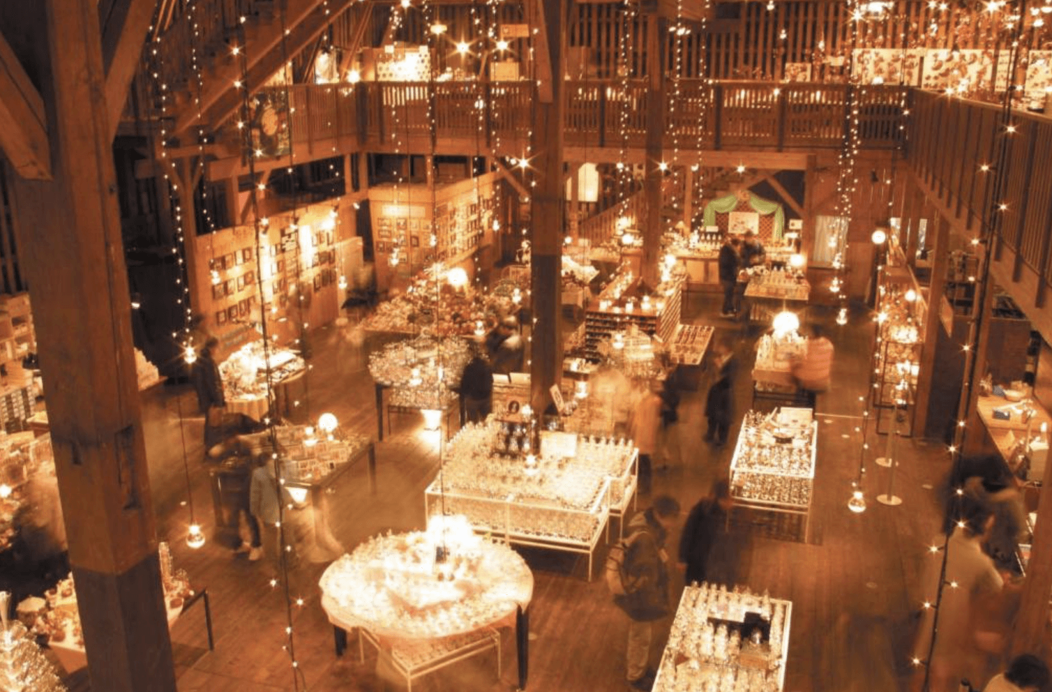 【小樽住宿】Nord小樽酒店 (Hotel Nord Otaru) 館內裝潢華麗的伴手禮商店，木造結構與燈光營造溫暖氛圍，展示各式工藝與紀念品。