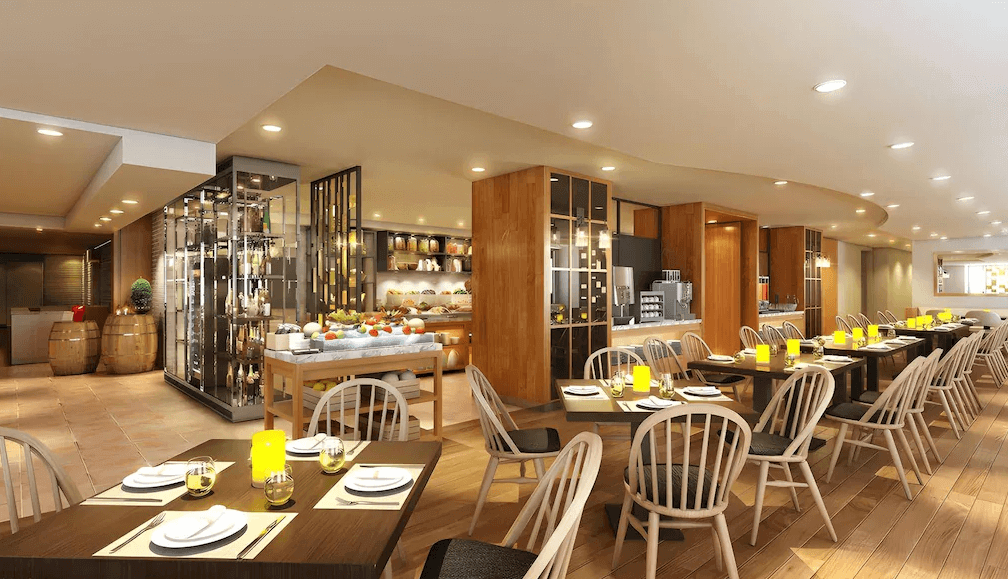 【函館住宿】函館普樂美雅凱賓總統酒店自助餐廳，寬敞明亮的空間搭配現代木質設計，餐檯上擺滿新鮮水果與料理，提供舒適用餐環境。