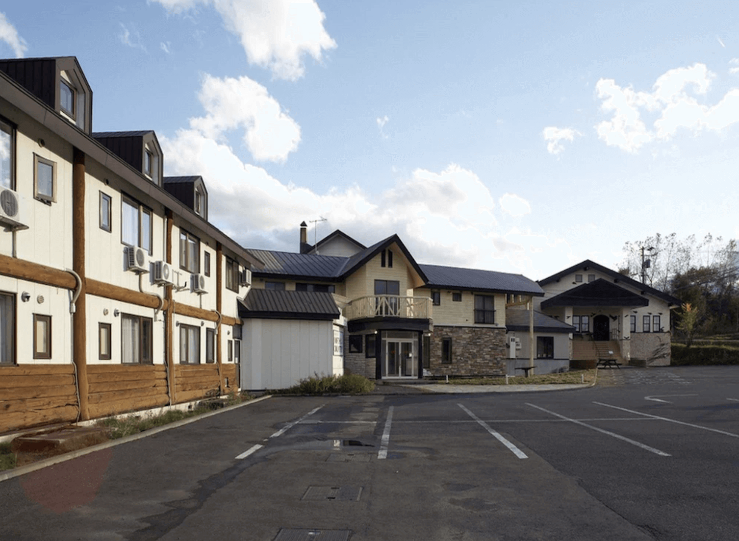 【富良野住宿】北國度假飯店 (Resort Inn North Country) 外觀，全木質與石牆混搭建築風格，搭配寬廣停車場，周邊環境寧靜。