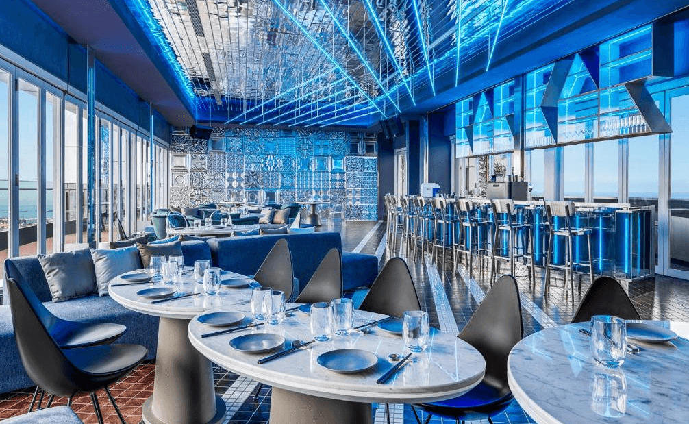 【三多商圈住宿】承億酒店 景觀餐廳：藍色調設計的高空餐廳與酒吧，大片落地窗可欣賞無敵海景。