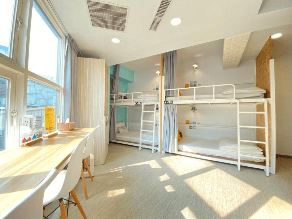 【三多商圈住宿】飛行家青年旅館 FLYINN HOSTEL 多人房，上下舖床位搭配藍白色調，大片窗戶採光明亮，並設有長桌與座椅。