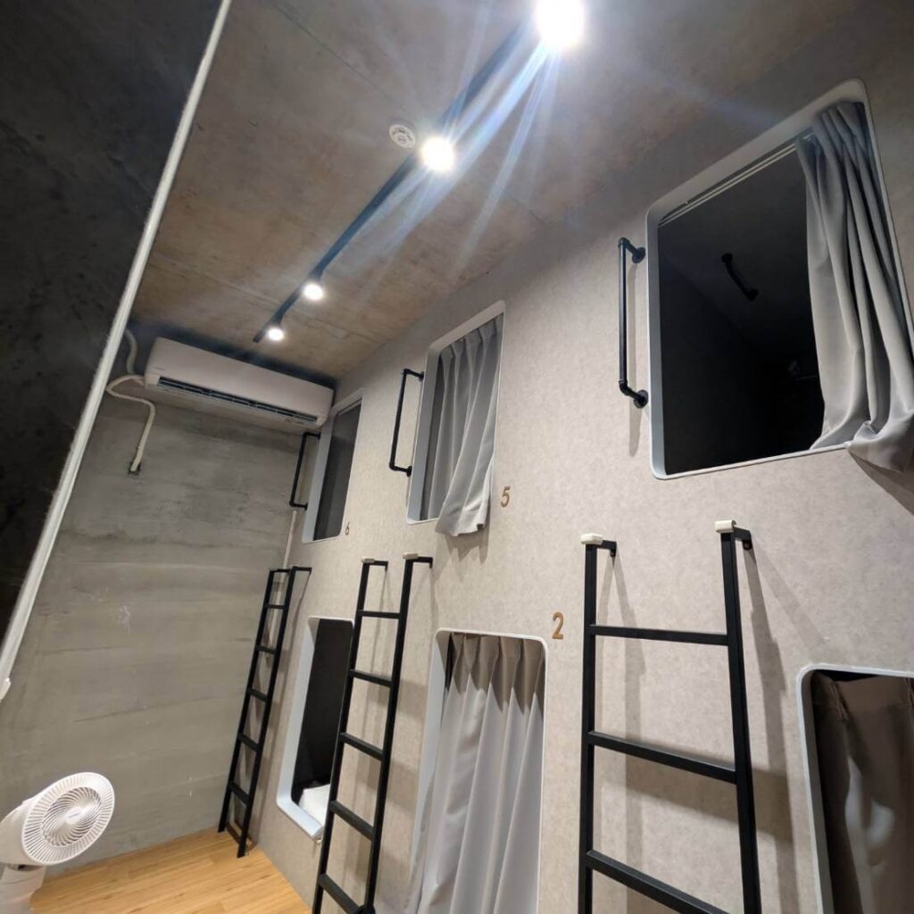 【山杉青旅】「山杉青旅的背包客房型空間，牆面設置上下舖的獨立膠囊床位，每個床位配有遮光布簾與編號，黑色金屬梯子通往上舖，房內採用木質地板與水泥風牆面，呈現簡潔又帶設計感的住宿環境。」