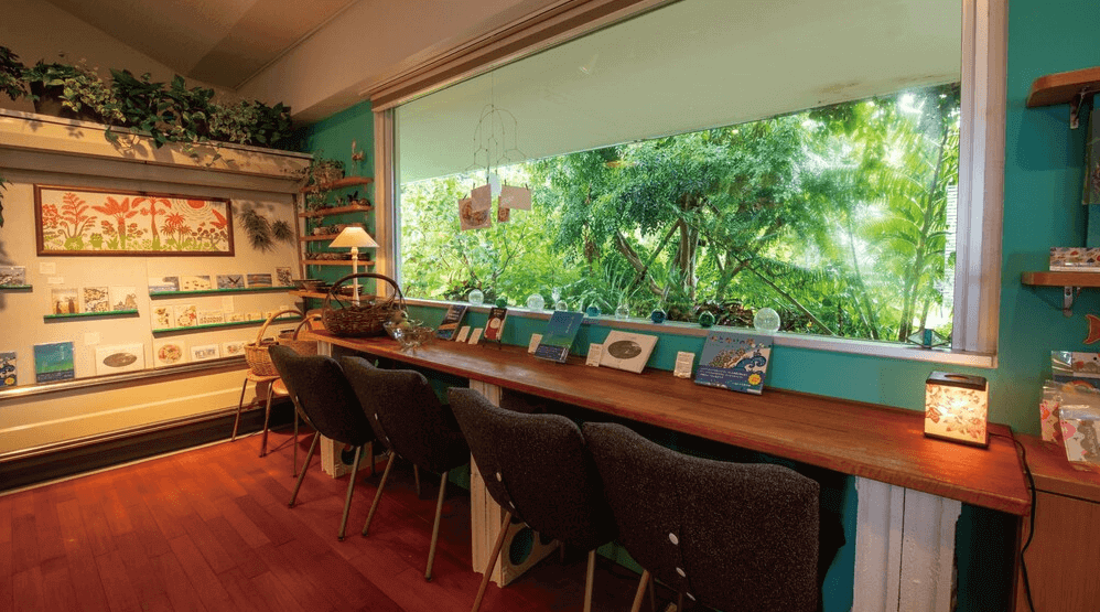 【讀谷村住宿】「沖繩本島T客房公寓館內的閱讀與展示空間，木質長桌搭配多張座椅，窗外綠意盎然，室內陳列當地風格的插畫與手作商品，氛圍清新放鬆。」