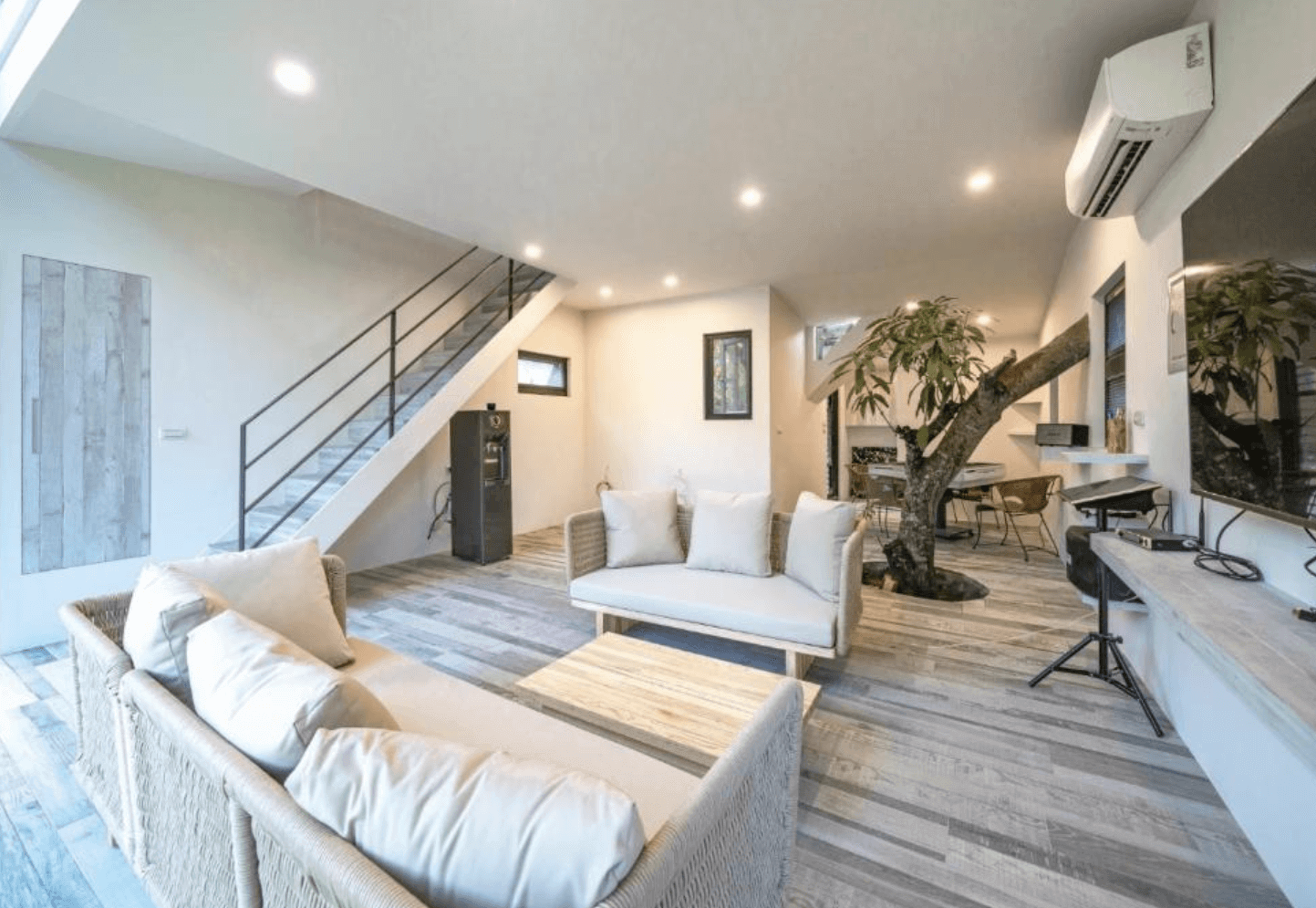 【東華大學民宿】「雲上太陽民宿」公共交誼廳，設有沙發區與大螢幕電視，採開放式空間設計，屋內有自然樹木造景，呈現溫暖自然的現代休閒風格。