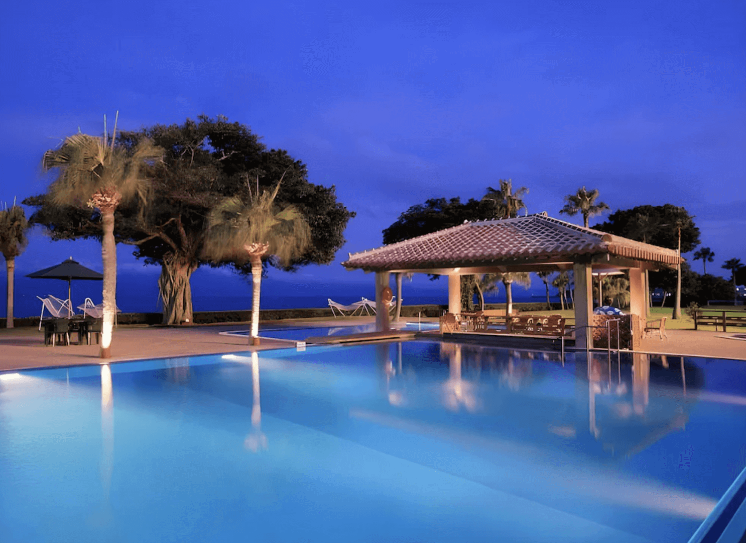 【指宿住宿】指宿白水館 (Ibusuki Hakusuikan) 的戶外泳池區，夜幕低垂時燈光點亮，池畔種植著高大的熱帶棕櫚樹與休憩涼亭，背景襯著深藍色的大海，營造出濃厚的南國度假風情。