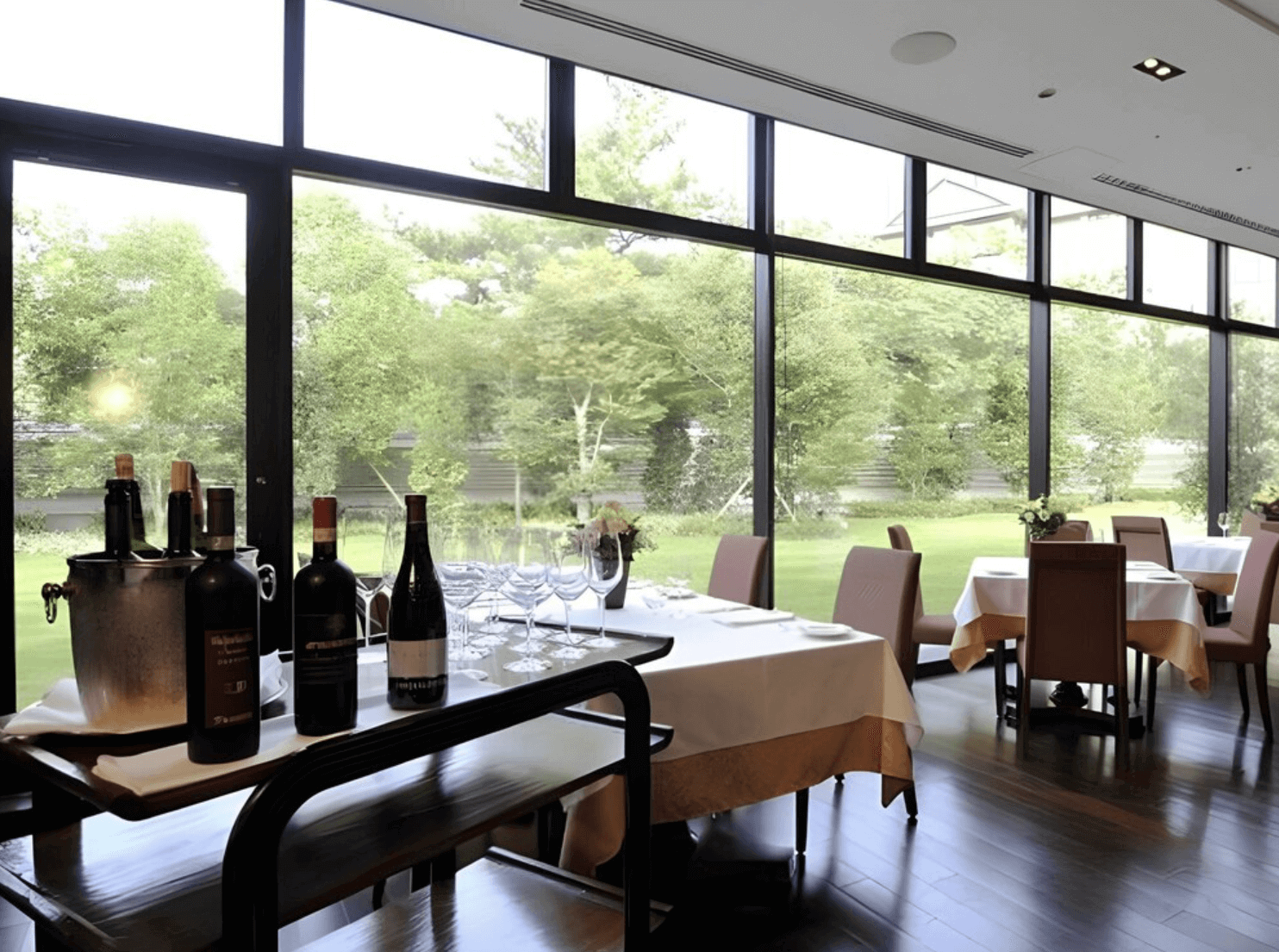 【指宿住宿】指宿白水館 (Ibusuki Hakusuikan) 的義式景觀餐廳「Fenice」，透過整面落地玻璃窗可欣賞戶外修剪整齊的松林庭園，餐桌上擺放著精選紅酒，提供優雅且私密的用餐環境。