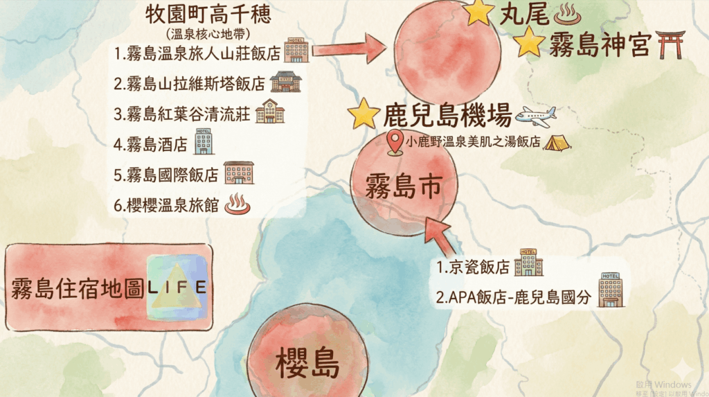 霧島住宿攻略地圖：詳細標示旅人山莊、La Vista、霧島國際、京瓷飯店、APA國分等9間人氣飯店。地圖區分深山溫泉鄉、機場露營區與市區商務旅館，並標記霧島神宮與櫻島景點位置。