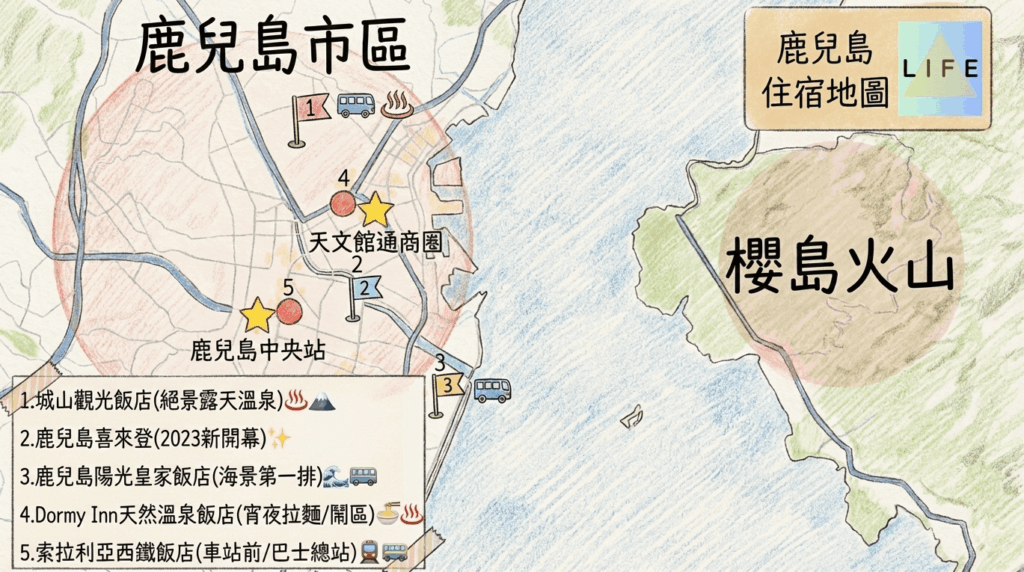 手繪風格的鹿兒島住宿攻略地圖，顯示鹿兒島市區與櫻島火山的相對位置。地圖標註了鹿兒島中央站與天文館商圈，並用編號旗幟標示 5 間精選飯店：1.城山觀光飯店（絕景露天溫泉）、2.鹿兒島喜來登（2023新開幕）、3.鹿兒島陽光皇家飯店（海景第一排）、4.Dormy Inn天然溫泉飯店（宵夜拉麵/鬧區）、5.索拉利亞西鐵飯店（車站前/巴士總站）。清單與地圖上均輔以溫泉、巴士、拉麵等手繪圖示說明特色。