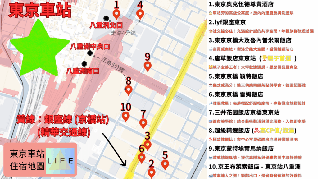 東京車站住宿地圖，標示了精選10間飯店位置及動向便利性
